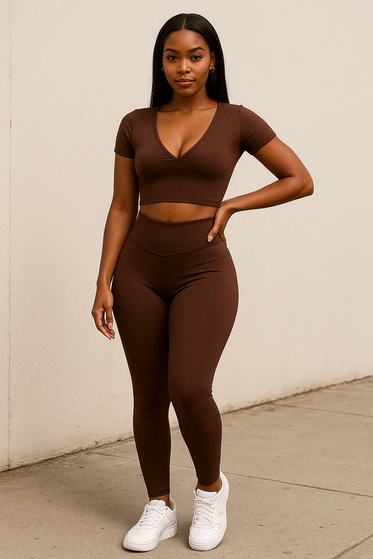 Bodied in Motion - V-Neck Crop Top and High Waist Activewear Set