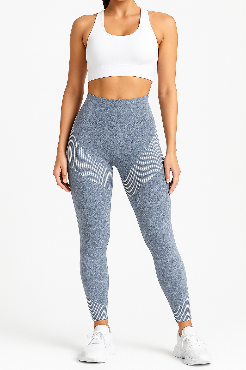 Model wearing striped high-waisted active pants by Flexline, sleek gym-to on the go fit