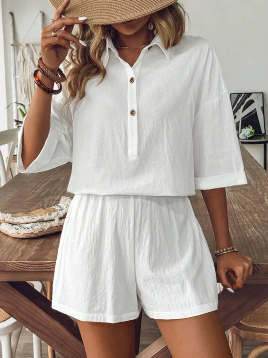 Woman wearing collared half-sleeve top and shorts lounge set by Flexline, stylist loungewear