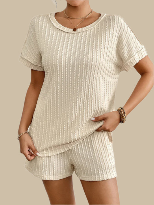 Stretchy soft ribbed lounge set with short-sleeve top and high-waist shorts, styled for cozy, modern loungewear – Flexline